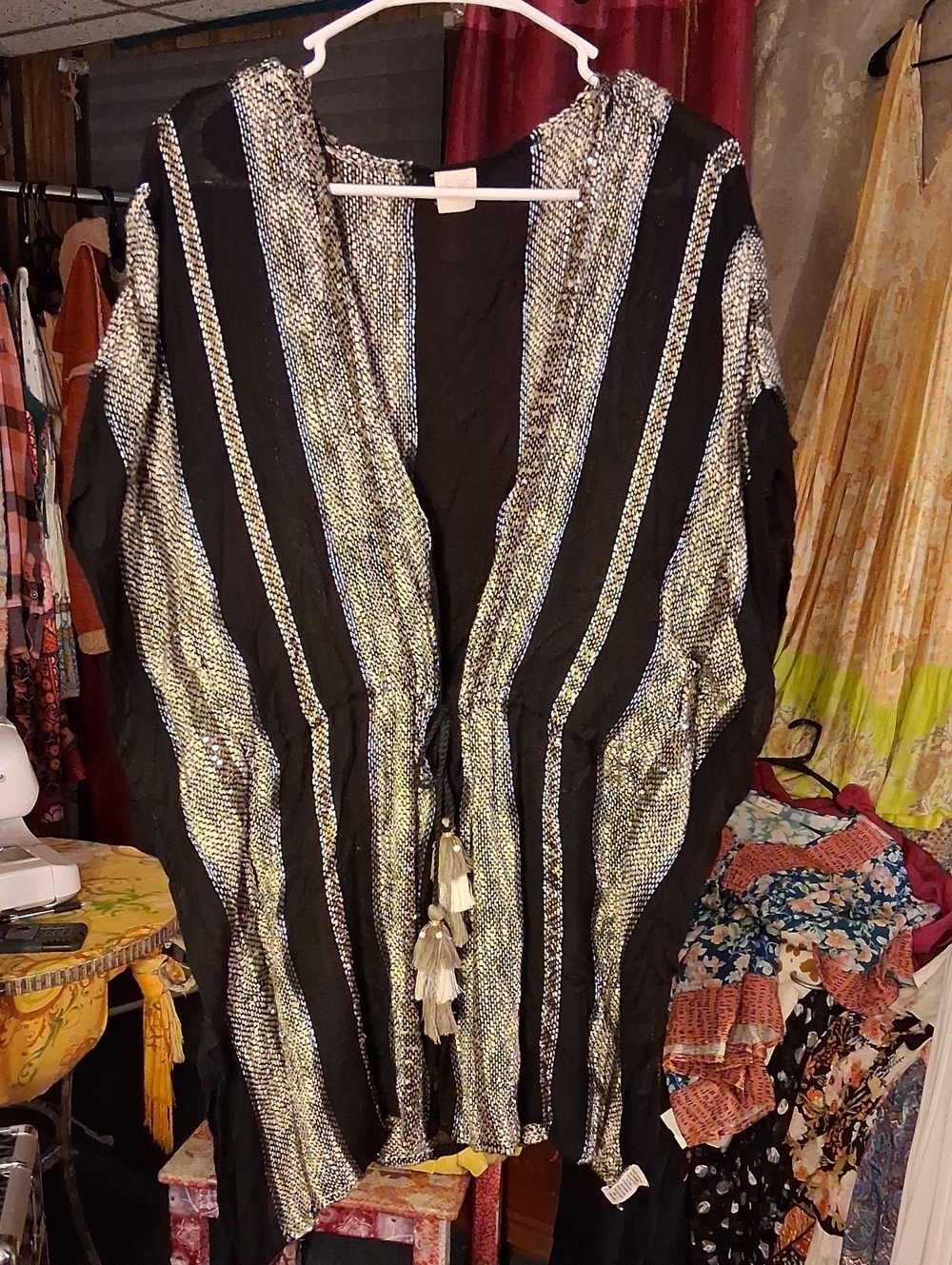 Surf Gypsy Black and Metallic Silver Striped Poncho Wrap